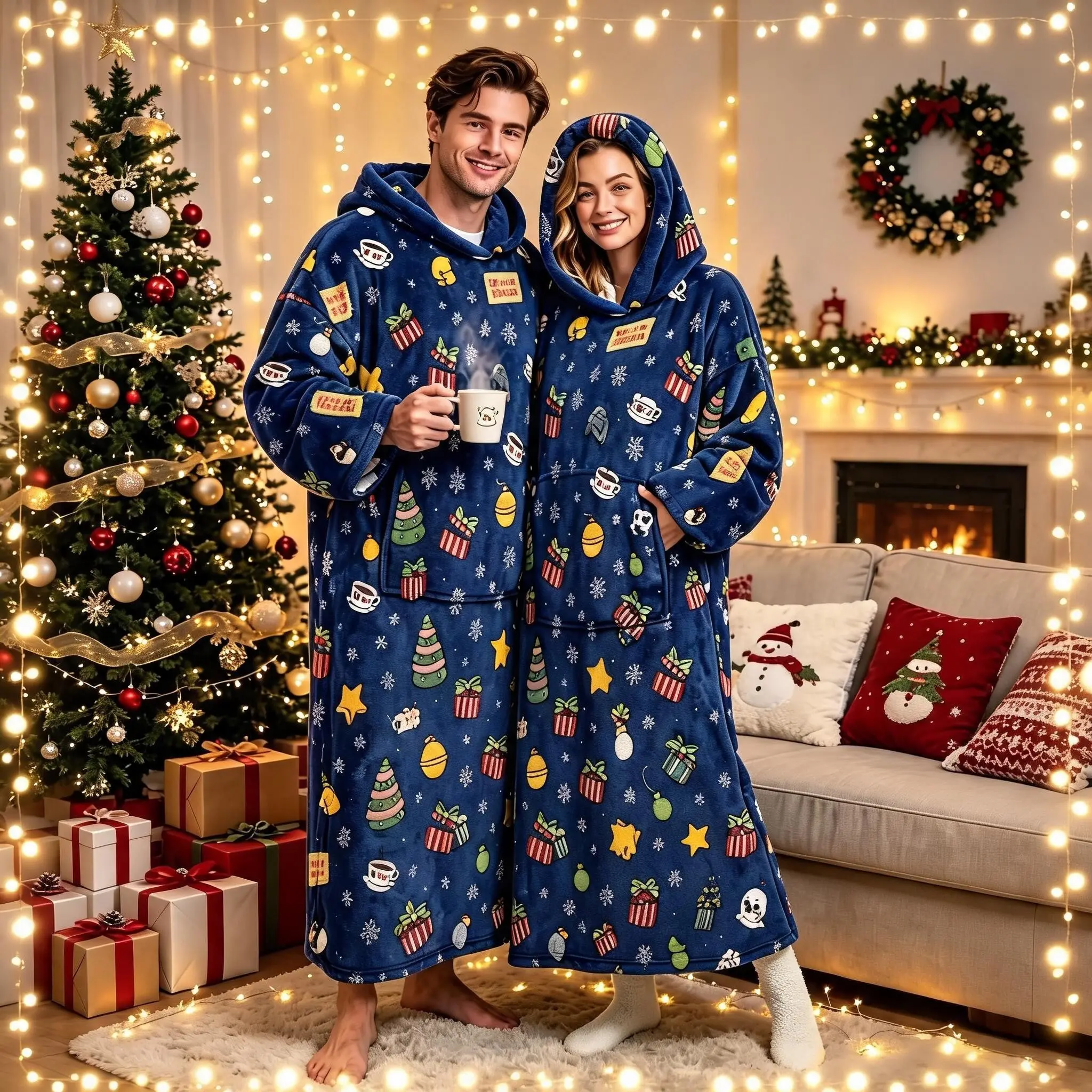 Deep Blue Christmas Cartoon Hooded Wearable Blanket, Soft Flannel Cape, Thick and Cozy, Perfect for Winter Home Relaxation, Practical Gift