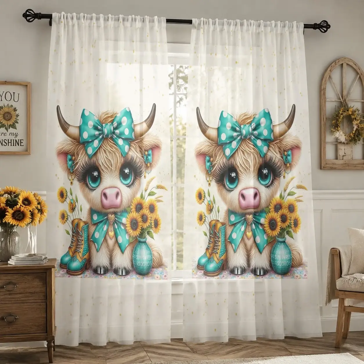 Adorable Highland Cow Solid Color Curtains, Cartoon Baby Highland Cow with Blue Polka Dot Butterfly Sunflower Pattern, Semi-Transparent Vintage Farmhouse Style