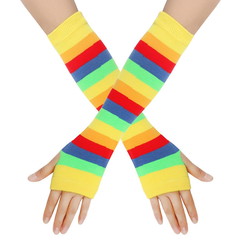 Rainbow Knitted Gloves Colorful Striped Long Sleeves Soft Stretchy Warm Handwear LGBTQ+ Pride Month Essential Vibrant Striped Knit Mitts for European & American Pride Parade Music Festival Holiday Party Cosplay Daily Casual Wear Lightweight Durable Fashio