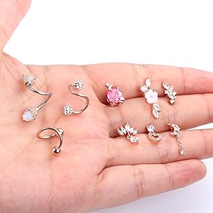9Pcs 16G Stainless Steel Cartilage Earring Set Saturn, Moon & Flower Piercing Jewelry | Helix, Tragus, Conch & Daith Studs | Hypoallergenic Ear Curation Kit