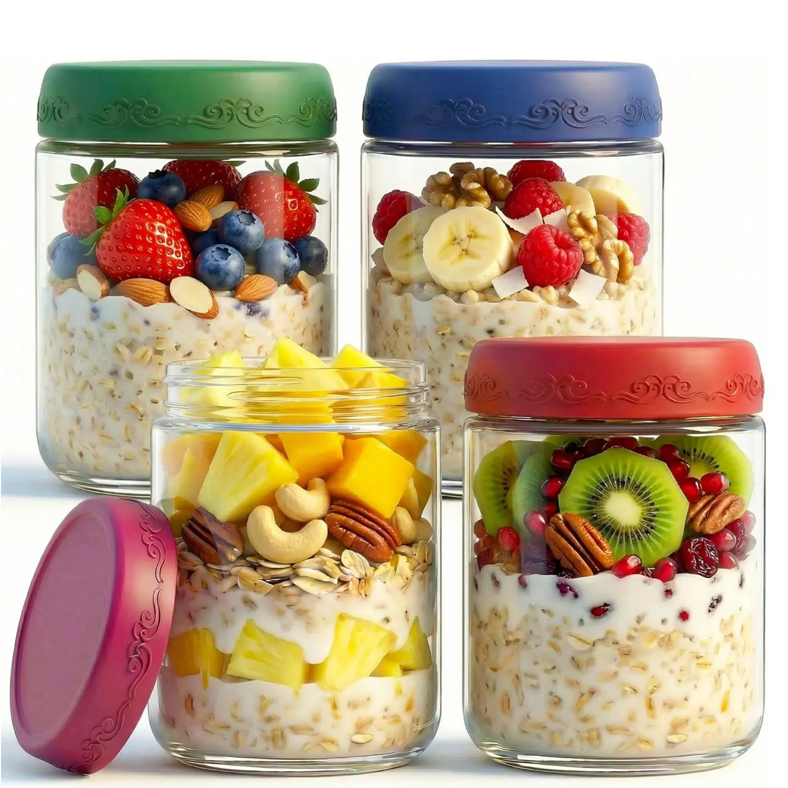 4-Pack Glass Overnight Oatmeal Jars with Airtight, Leak-Proof Lids. Glass Meal Prep Containers. Airtight Mason Jars. Ideal for Breakfast, Yogurt Parfaits, Salads, and Smoothies. Leak-Proof, Reusable Food Storage.