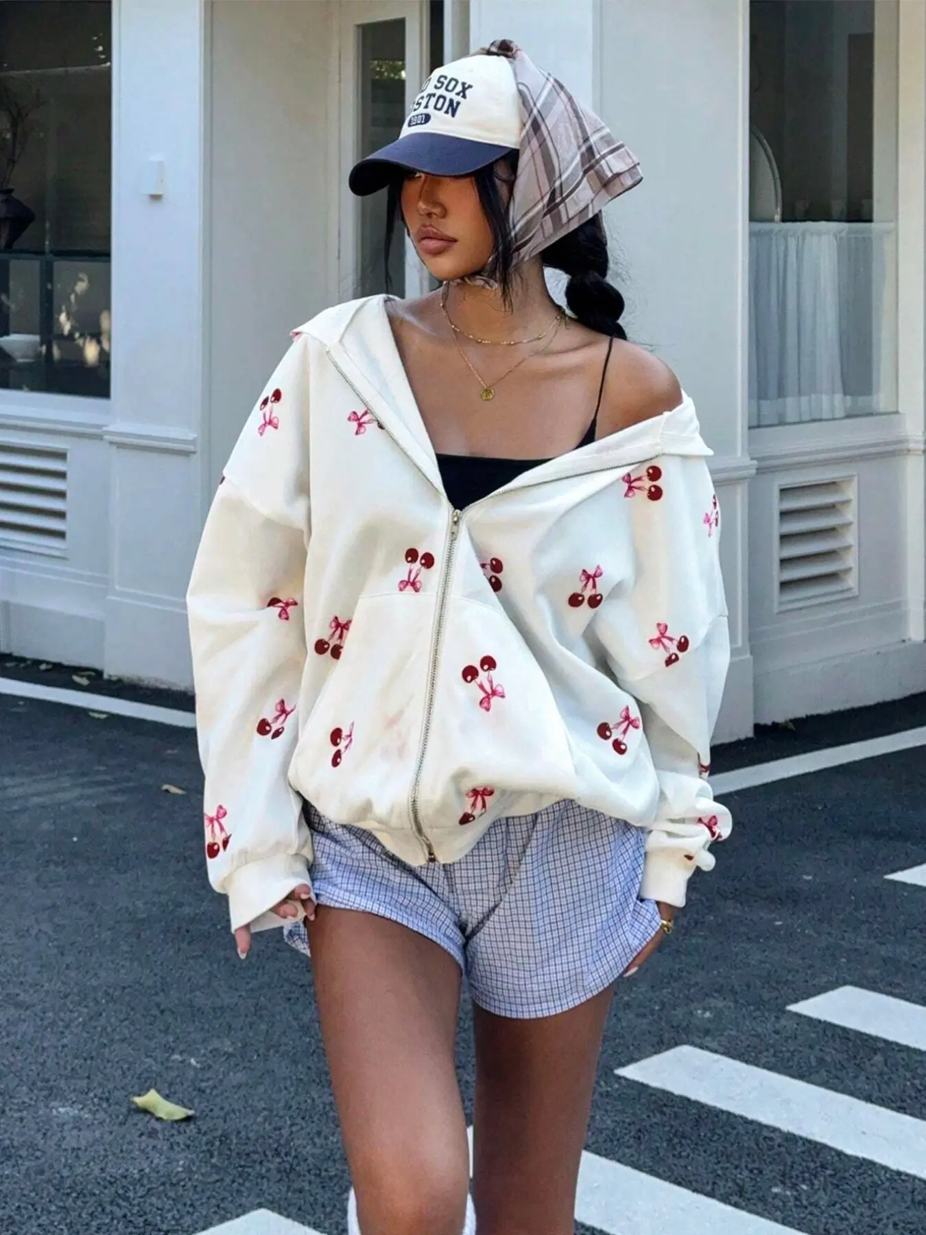 Women's Cherry Print Hoodie, Casual Fitted Sweatshirt, Spring & Fall Fashion, Youthful Outdoor Campus Style, Trendy Korean Wear