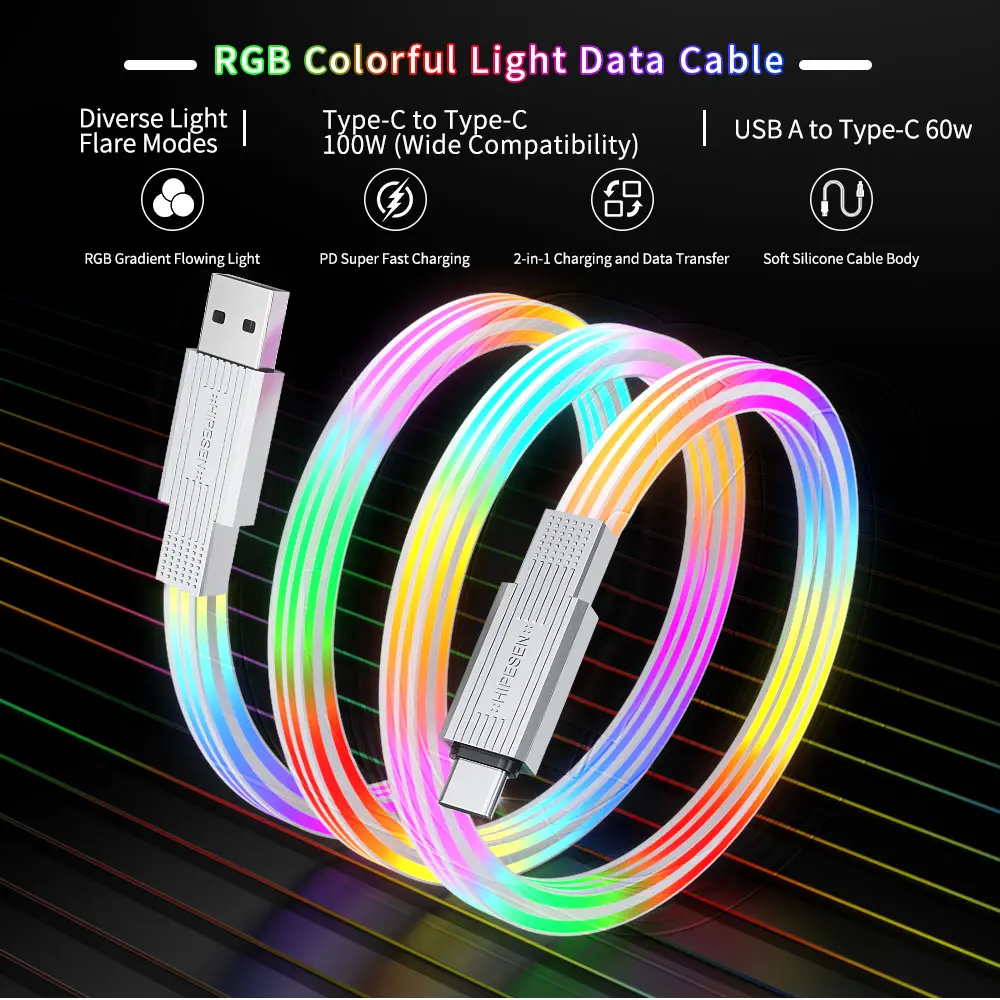 HIPESEN 2-in-1 100W Super Fast Charging Charger with EU Plug, Durable Silicone Body, Touch Shut-Off, Fire-Resistant TPE, Anti-Overcharge for Cellphone, iPhone & Android Electronic Devices, Colorful Charging Cable Charger, Camping Essential