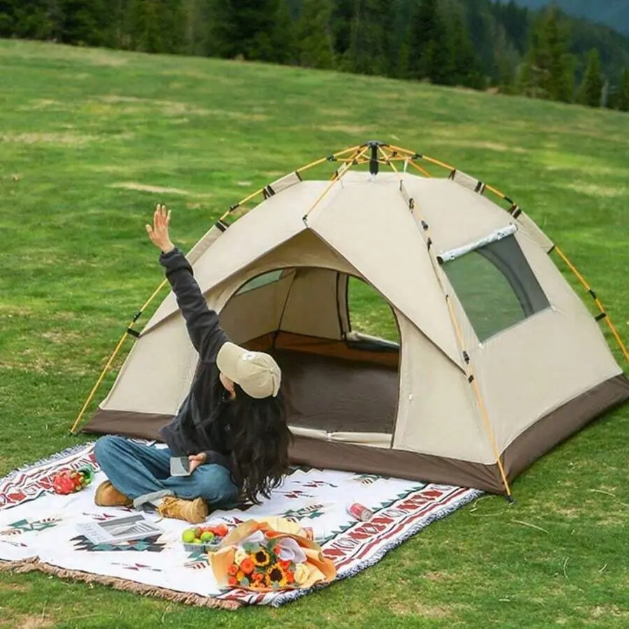 [Automatic Pop-Up Tent] 3-Person Automatic Pop-Up Tent - Zipper Closure, Oxford Fabric, Fiberglass Frame, Mosquito-Proof Design, More Suitable For Camping, Fishing, Hiking And Mountain Climbing