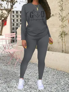 God Letter Print Women's Casual Sportswear Two-Piece Set, Fashionable Long Sleeve Top & Tight Pants, Fall & Winter
