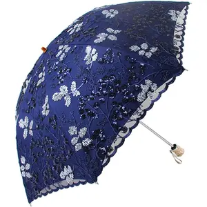 Vintage Lace UV Sun Parasol Folding 3D Flower Embroidery Umbrella