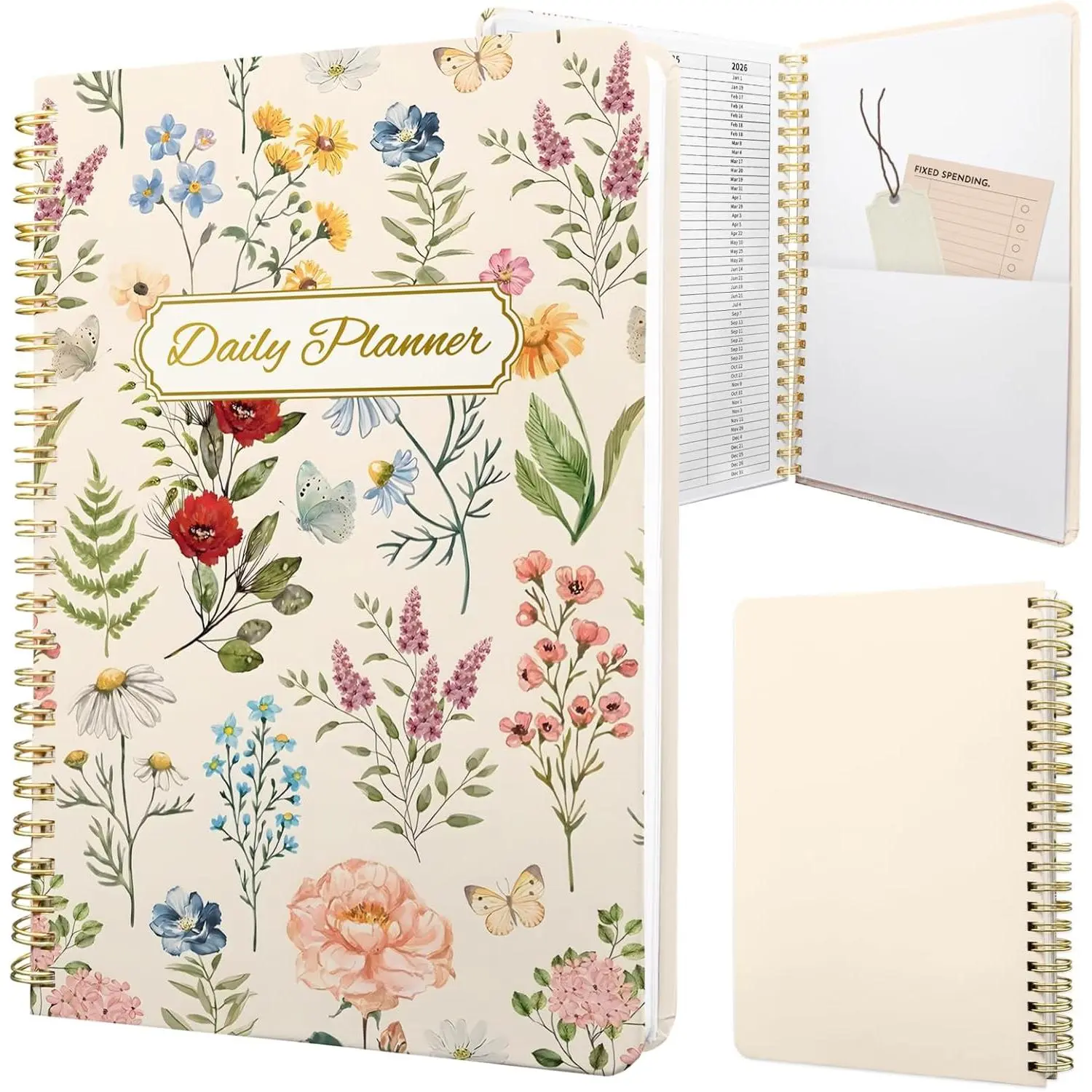 Undated Daily Planner - Spiral Notebook 80 Days  Day Per Page, Hourly Schedule, To-Do List, Notes, Everyday Planning Task, A5 Hardcover Journal Organizer Book Women Cute Aesthetic, Floral