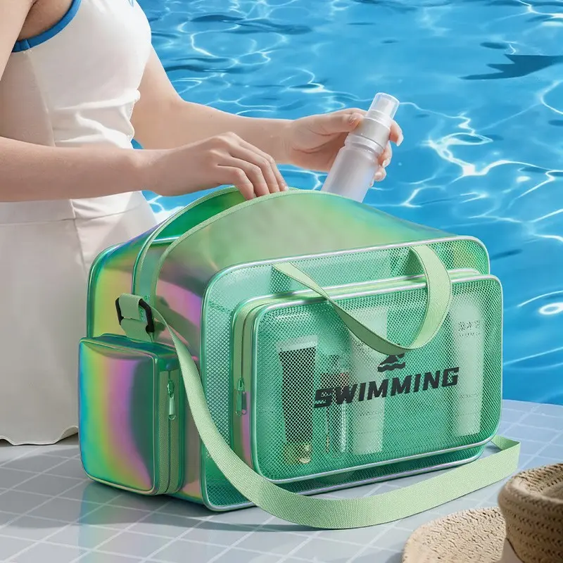 1pc Laser Colorful Dual-Layer Mesh Swim Bag, Waterproof Large Capacity, Adjustable Shoulder Strap, Ideal for Beach, Travel, Home Use