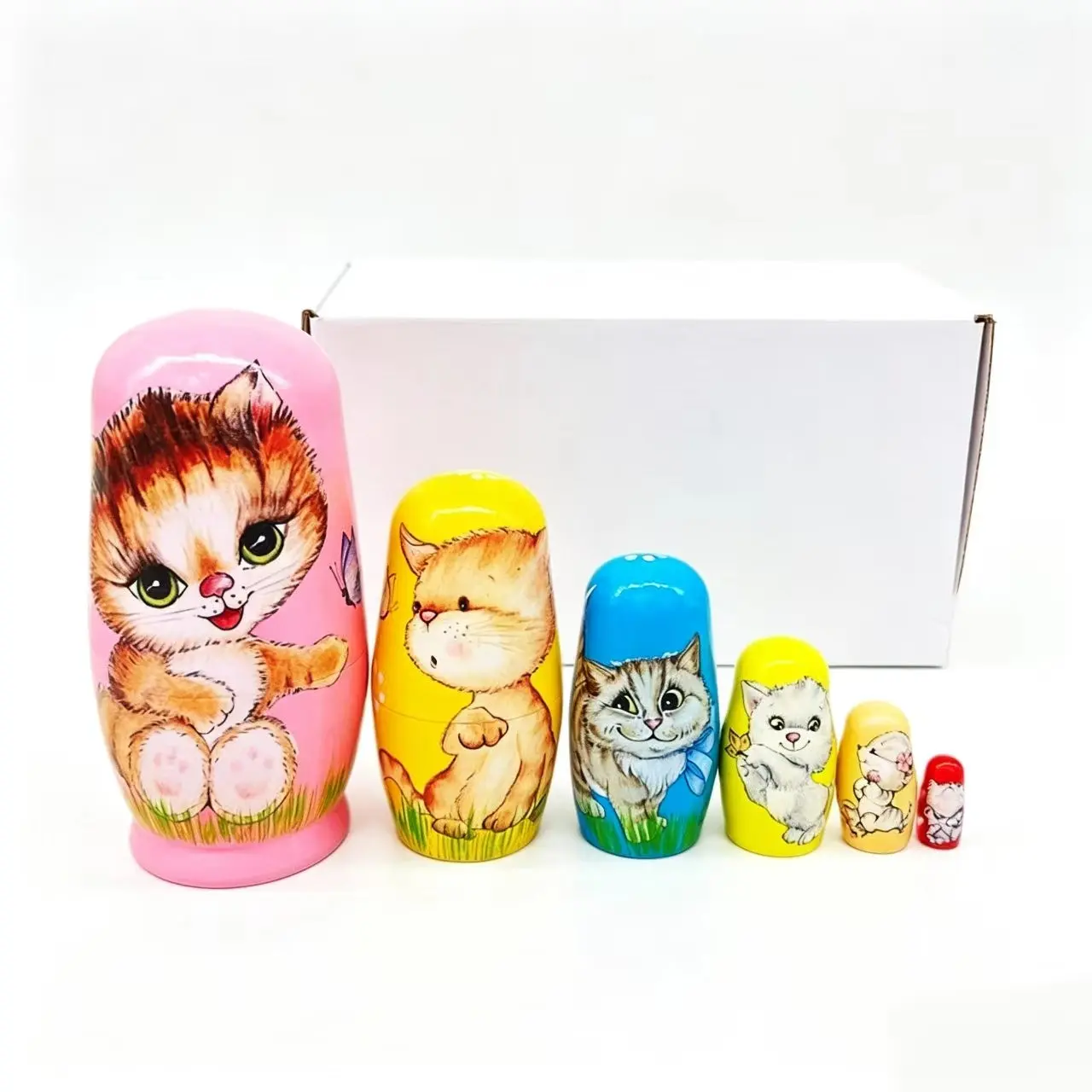 Six-Layer Cute Cat Russian Doll, Hand-Painted Wooden Nesting Toy, Eco-Friendly, Educational, Decorative, Gift for Kids, Home, Shop, Nursery