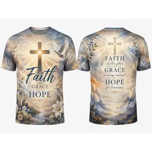 Men Women Christian All‑Over Print T‑Shirt, Front Wooden Cross with Dove, Sunrise Mountain Floral Background with Faith Grace Hope Text, Back Ornate Cross with Words Faith in His Plan Grace in Every Moment Hope for Tomorrow Inspirational Religious Short‑S