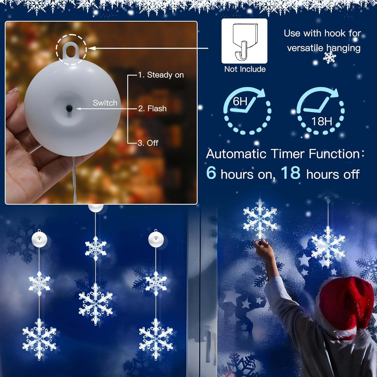 Christmas Window Lights Decorations, 2 count  Operated Snowflake Lights with Suction Cup, Timer & 2modes Hanging Christmas Light for Tree, Indoor, Holiday, Fireplace, Wall, Cool White