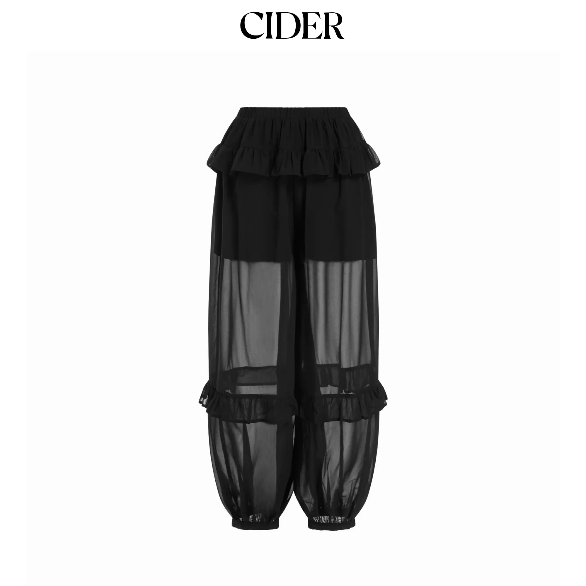 Cider Chiffon Low Rise Elastic Waist Tiered Ruffle Jogger Trousers