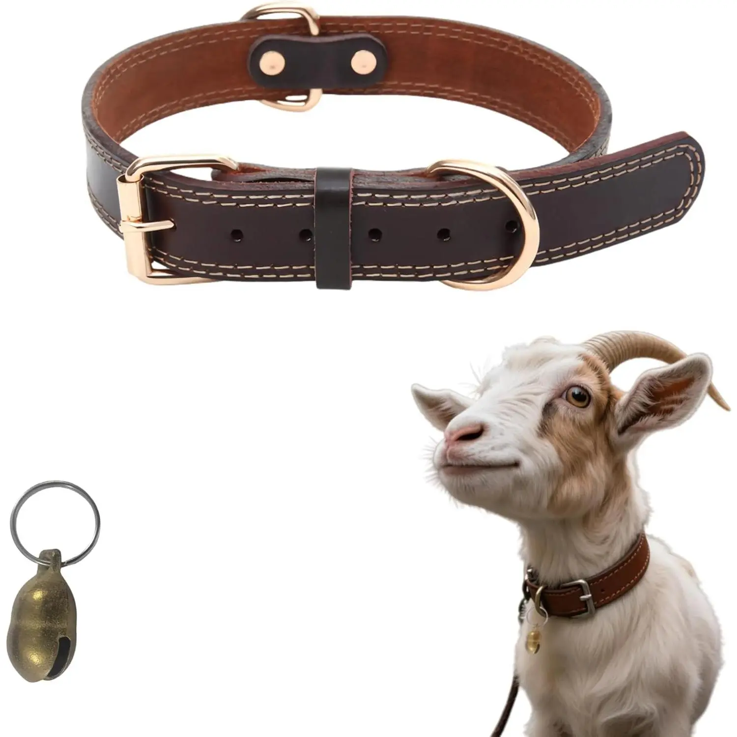 Genuine Leather Goat Collar with Brass Bell,S-18 (Neck Fits 11"-15") | Heavy Duty Cowhide Pet Necklace,Adjustable&Durable for Pet Goats and Sheep,Alpacas,Deer