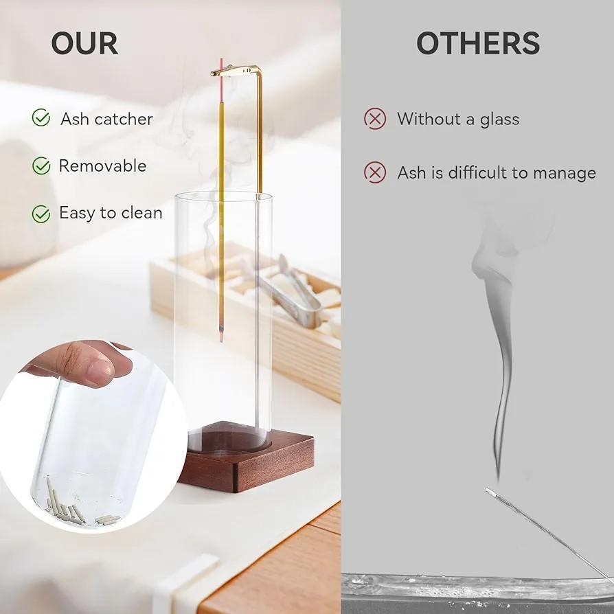 Clear Glass Incense Holder without Incense, Wooden Base, Home Fragrance Decor, Desktop Ash Catcher Incense Burner, Home Décor Aroma for Meditation, Yoga & Relaxation