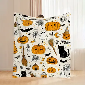 1pc of Flannel Blanket with Pumpkin,, Cat, and Spider Web Print. Bulk Wholesale Available. Halloween and Holiday Gift Blanket. Soft and Warm Commemorative Blanket for Unforgettable Moments. Ideal for Camping, Travel, Car, Office Use, and Home Decor