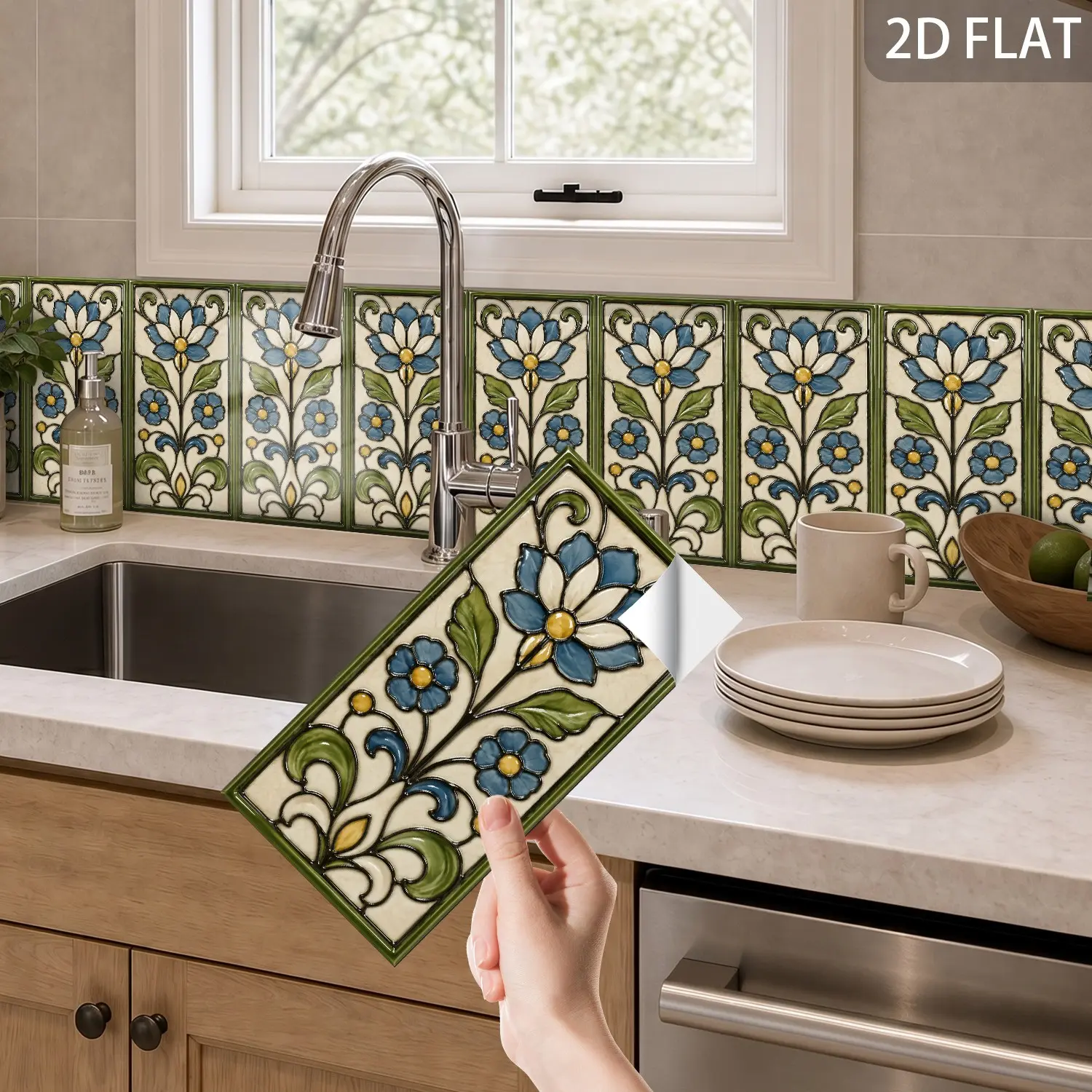 8/24/40 Piece Glazed Tile Stickers, Blue Flower Design, Waterproof Durable, Ideal for Kitchen Bathroom Renovation, Stick on Backsplash, Patchwork Shape