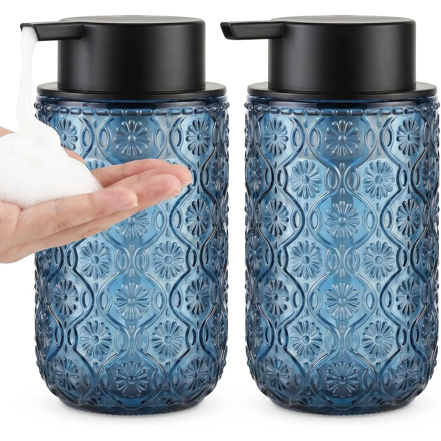 14 OZ Blue Glass Foam Soap Dispenser, 2-Pack Vintage Foaming Soap Dispenser Set for Bathroom & Kitchen, Refillable Flower Pattern Hand Soap Dispenser with Foam Pump, Nordic Modern Farmhouse Decor