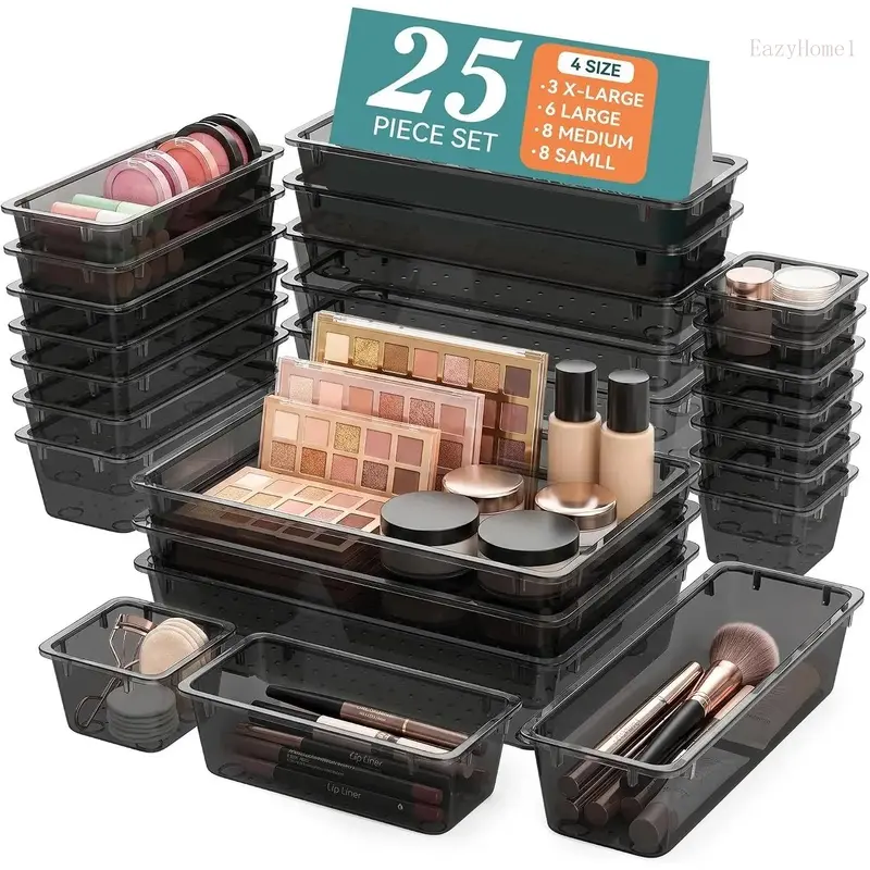 25 PCS Plastic Drawer Organizer Set, 4-Size Versatile Organizer Tool Trays & storage Bins for Makeup, Jewelry, and Gadgets in Bathroom, Bedroom and Office,Clear Black