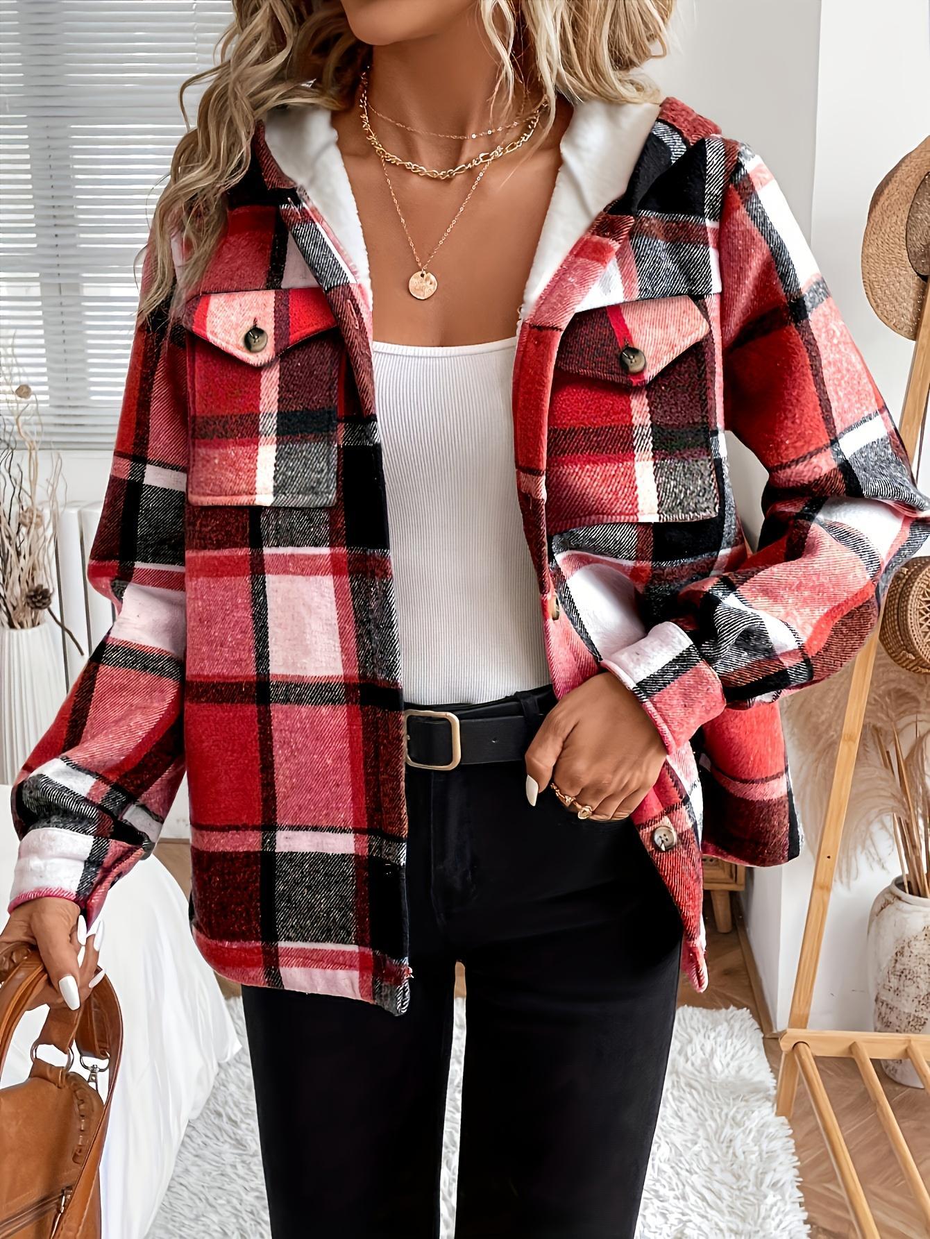 Women's Casual Plaid Hooded Jacket with Fleece Lining Woven Shirt  All-Season Warmth Lightweight Outerwear Coats Fashionable Winter Jacket