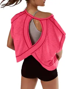 Women's Sporty Hoodie Round Neck Loose Fit Casual Sports T-Shirt, Gym Yoga Tops, Backless Hollow Design, Pure Color Skin-Friendly Yoga Wear, Workout Daily Wear, Casual Fitness Wear