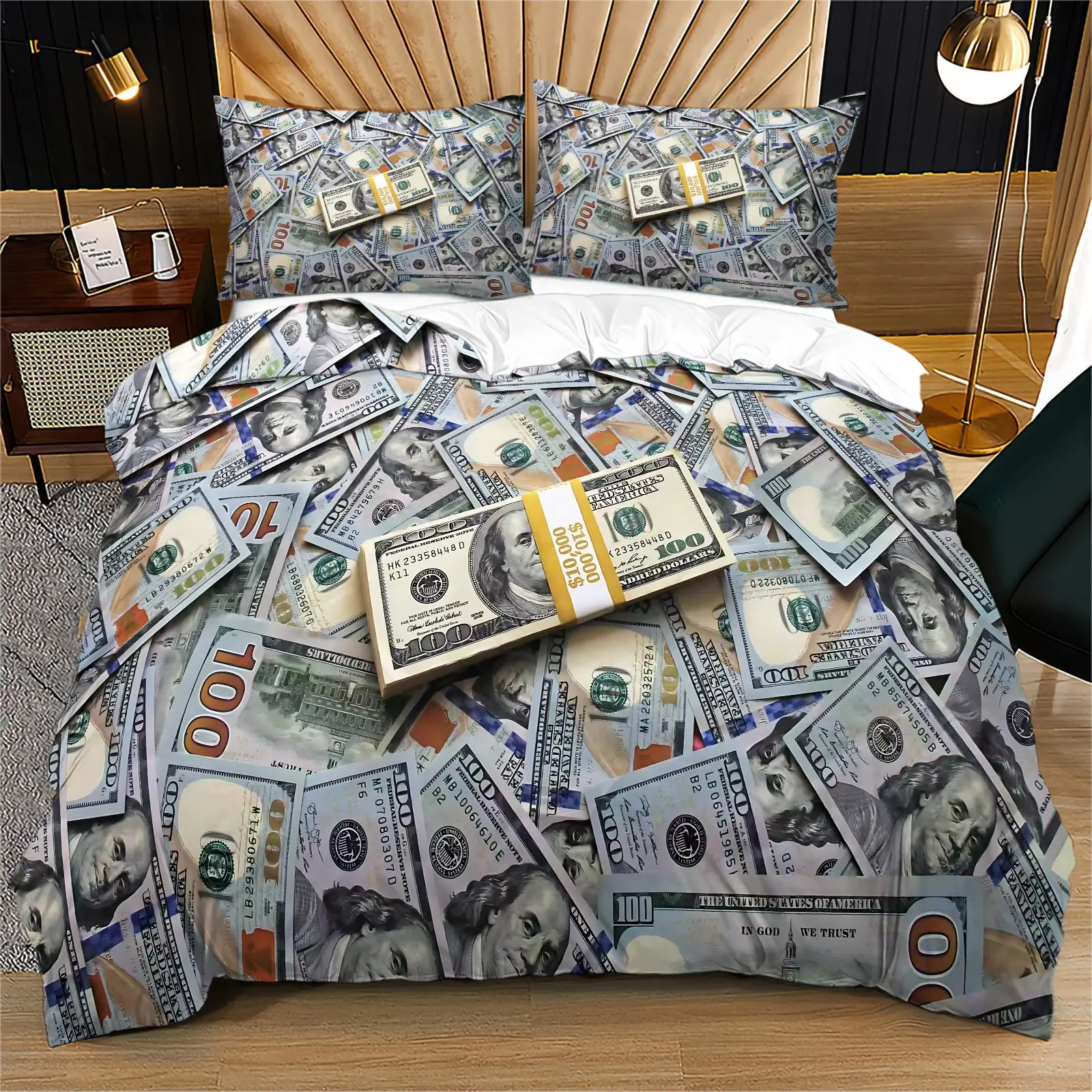 U.S. Dollar Bill Pattern Bedding Set — 2/3-Piece Premium, Light-Luxury, Soft & Cozy Duvet Cover Set Featuring a "Hundred-Dollar Bill" Print; A Fun, Quirky, and Distinctive Style (Includes 1 Comforter Cover+ 1 or 2 Pillowcases; Fillers Not Included)