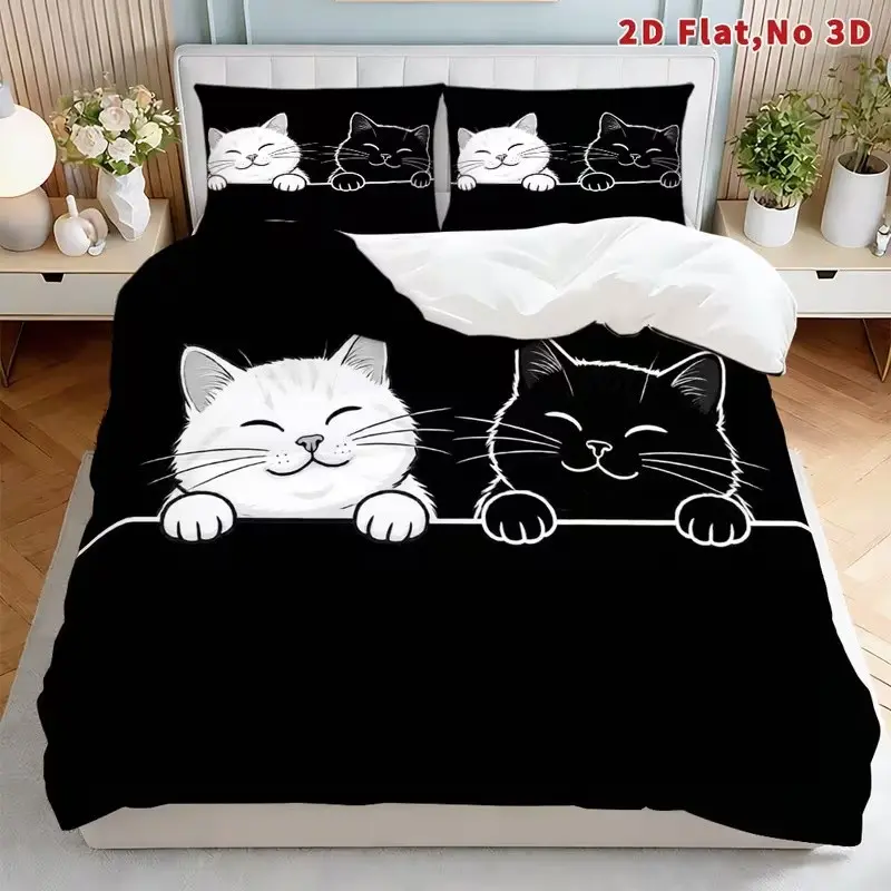 Cat Print Bedding Set, 1 Duvet Cover + 2 Pillowcases, High-Definition Printing, Home & Dormitory Bed Linen, Polyester Bed Set