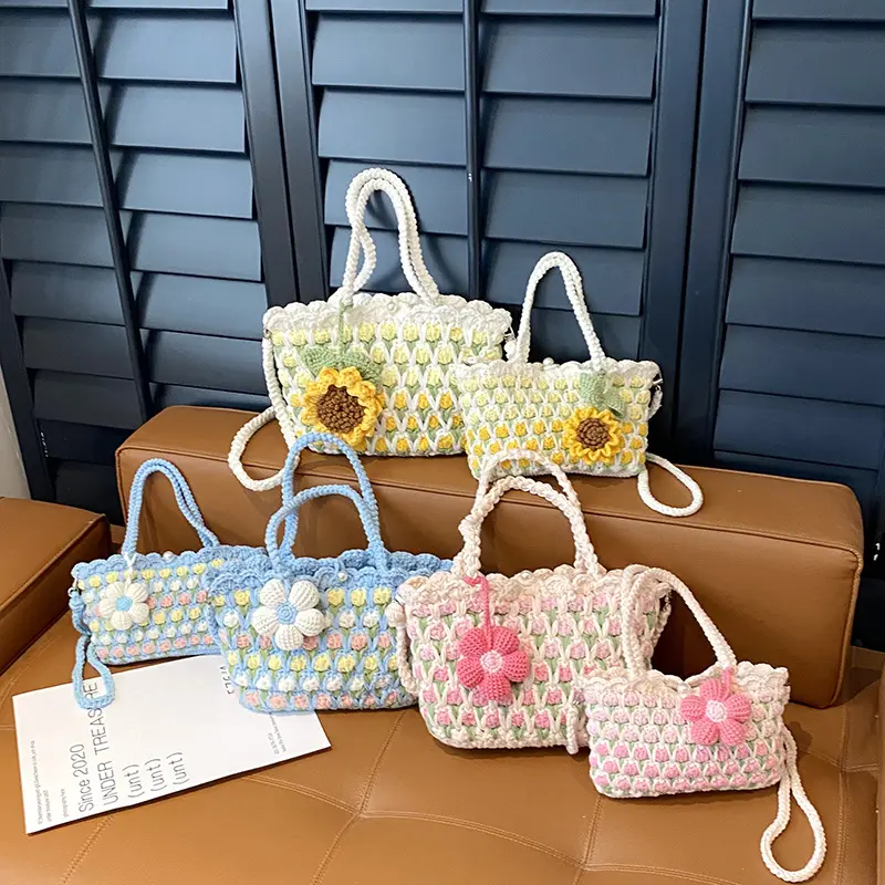 Handmade Crochet Floral Tote Bag, Cute 3D Sunflower Crossbody Purse, Mommy and Me Matching Cottagecore Knitted Bags  Match with Your Bestie or Mini-Me  Lightweight Crochet Floral Bag | Hands-Free Aesthetic Crossbody Purse for Everyday