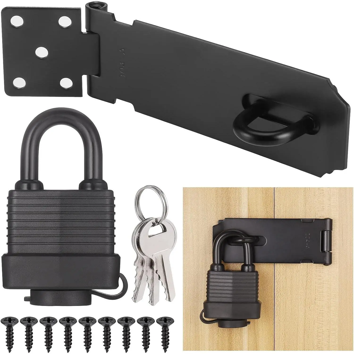 Padlock Latch Lock, 4Inch Stainless Steel Hasp Latch with Padlock  Screws, Heavy Duty Black Shed Lock,  Pad Locks Latches, Gate Locks for Barn Door Cabinet Fence Garage