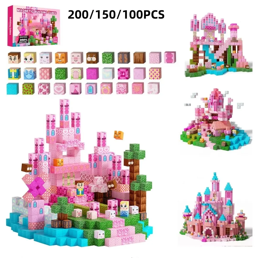 Magnetic Building Blocks Set, Castle Building Kit, 200 PCS Glow Magnetic Cubes Blue Castle Construction Toys, STEM Educational Magnetic Tiles, Non-Toxic Smooth Safe Pieces for Ages 3-8 Toddler Boys Girls, Perfect Birthday Christma