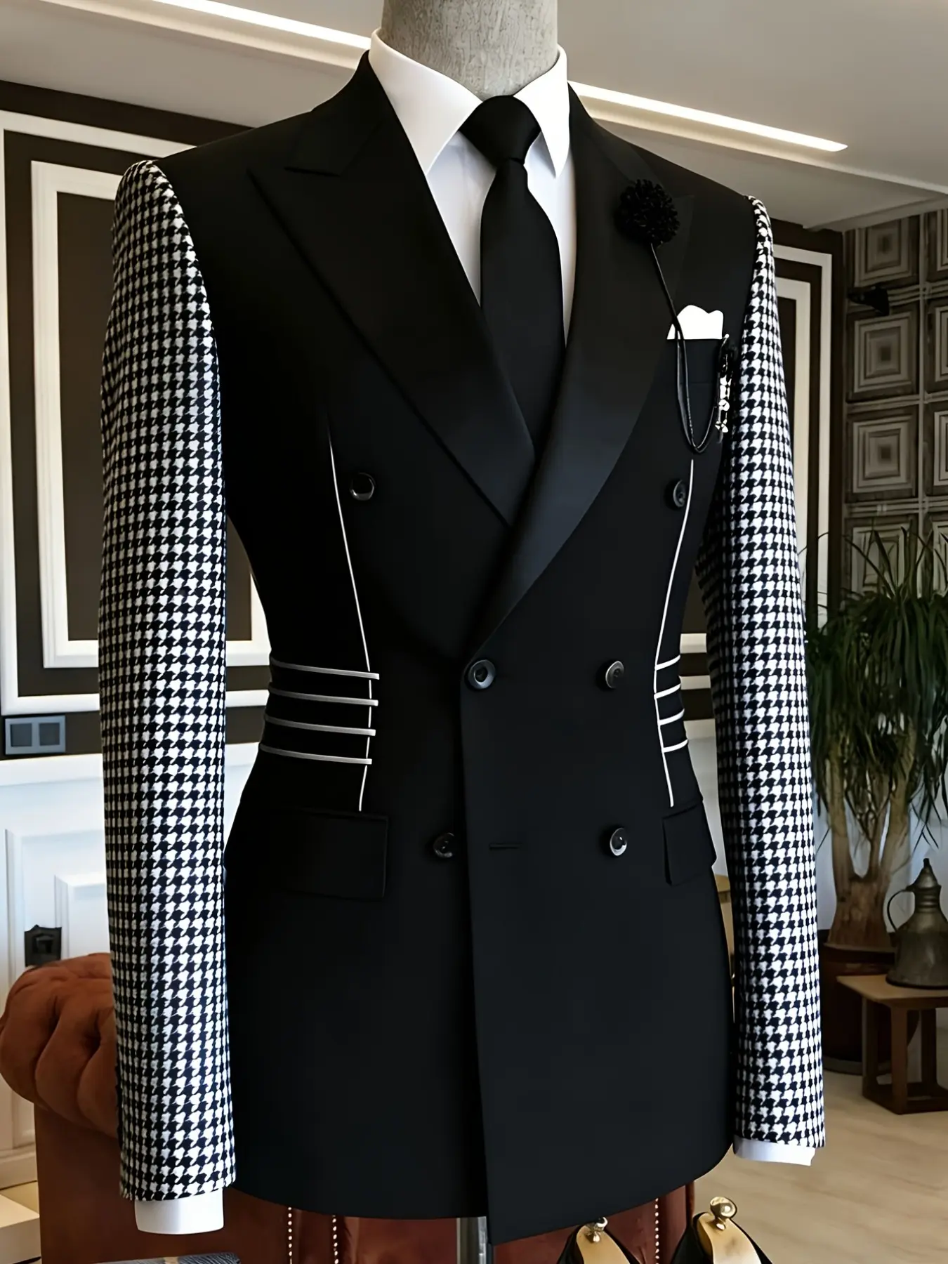 Ainwear Double-Breasted Houndstooth Patchwork Blazer Jacket, Satin Lapel, Casual Men's Suit Outer Top, Party Stage Wear