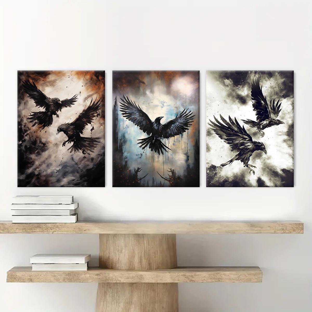 Creepy Crow Pattern Wooden Framed Canvas Painting Modern Art Design, 3 Counts/set Halloween Murals, Wall Art Decor for Home Living Room Bedroom Office