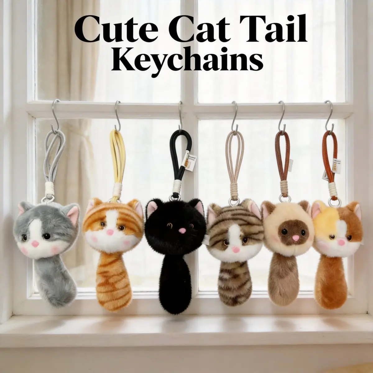 5.9in Flexible Magic Stretchable Tail Cat Plush Keychain with Clip - 6 Distinct Cute Kittens Breeds (Siamese, Calico) Stuffed Animals Charm for Backpack, Purse - Gift for Girls (Black Jackets Accessory)