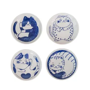 4 Pack Cat Print Small Snack Plates, Serving Plates, Mini Ceramic Dipping Sauce Dishes, Cute Appetizer Side Bowls for Condiment, Great Gift for Cat Lovers