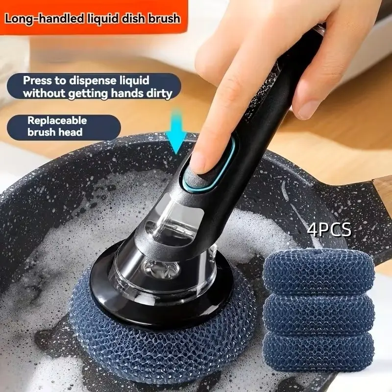 4-Piece Multi-Functional Soap Dispenser Brush Set, Long Handle Kitchen Cleaning Brush, Replaceable Heads, Durable Non-Slip, Ideal Home Kitchen Tool