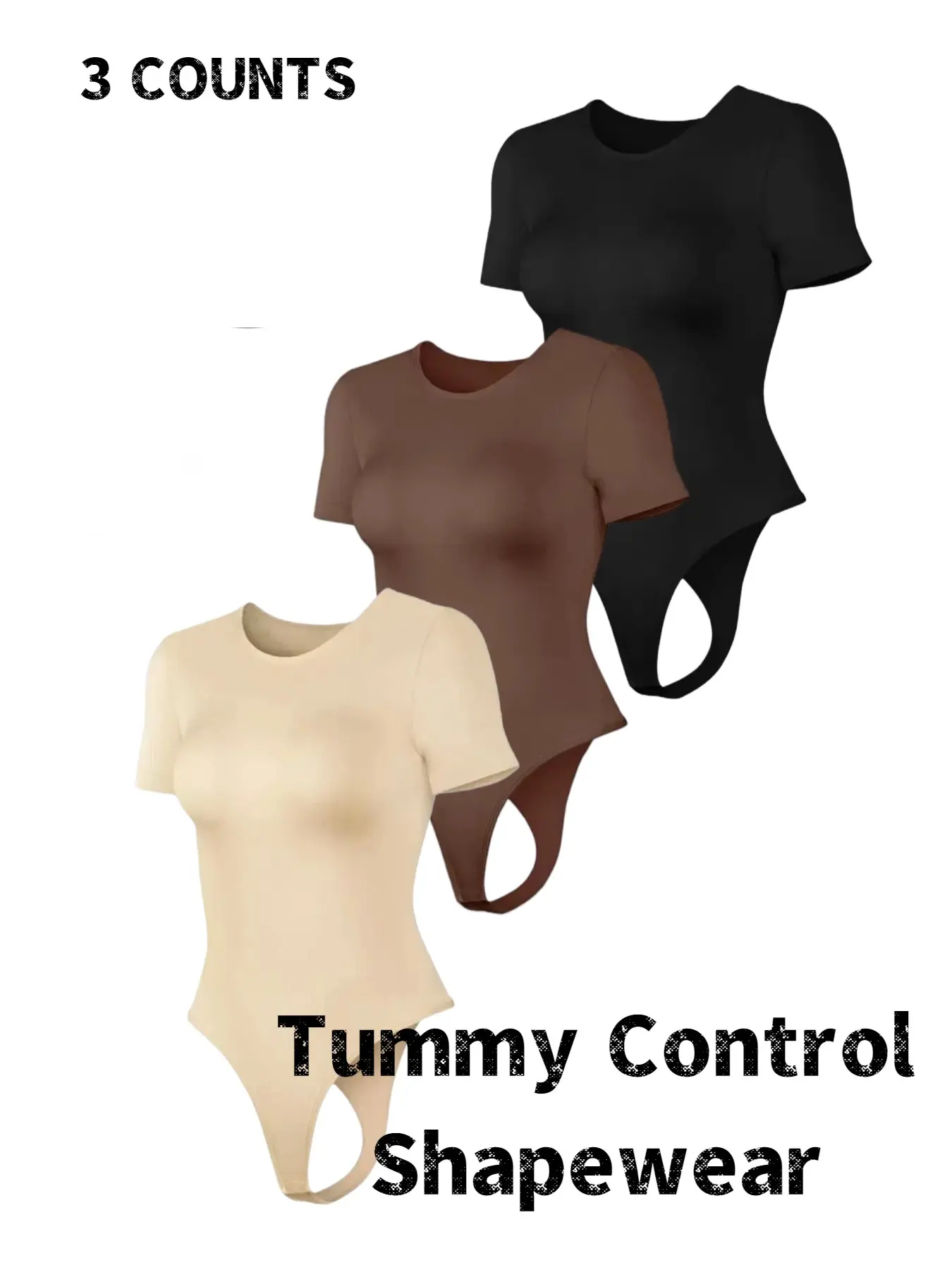 Women's Solid Color Striped Round Neck Shapewear Bodysuit, Tummy Control Butt Lifting Shaper, Ladies Shapewear for All Seasons