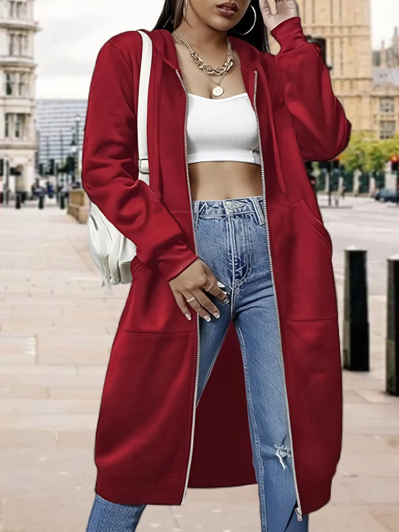 Plus Size Solid Long Hoodie Jacket Coats with Zipper, Mid-Length Casual Women Outerwear for Fall Winter, Versatile and Stylish