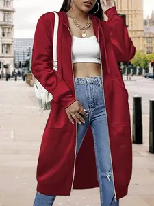 Plus Size Solid Long Hoodie Jacket with Zipper, Mid-Length Casual Outerwear for Fall Winter, Versatile and Stylish