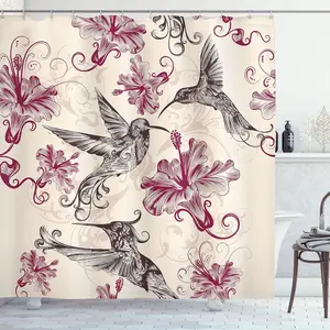 Hummingbirds Shower Curtain, Birds and Flowers Swirl Flourish Antique Old Ornament Pattern, Cloth Fabric Bathroom Decor Set with Hooks 71" W x 71" L