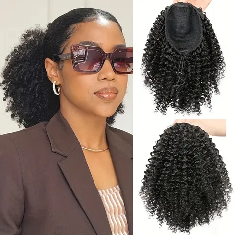 Women's No.1BT27 DIY Luggage Bag Accessory - Short Curly Synthetic Afro Puff Drawstring Ponytail Hairpiece Extension, Fluffy Updo Hair Bun for Women