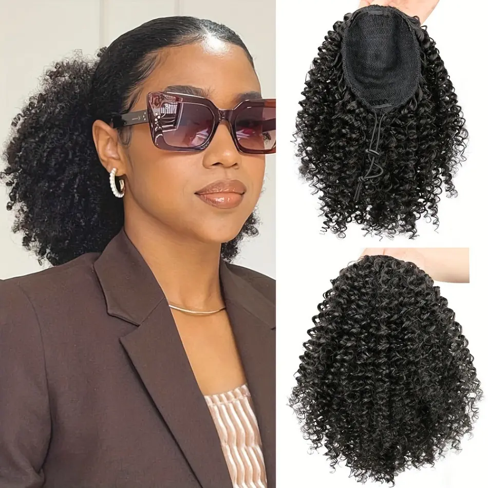 Afro Puff Drawstring Ponytail, Short Curly Synthetic Hairpiece Extension for Women, Fluffy Updo Hair Bun, Short Ponytail, Curly Texture