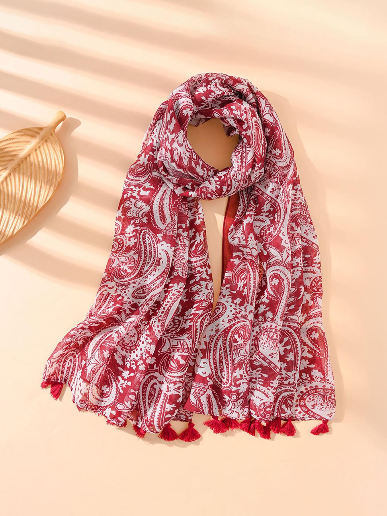 Women's Random Print Fringe Trim Long Scarf, Boho Casual Style Shawl for Beach Vacation, Fashion Accessories for Women & Girls