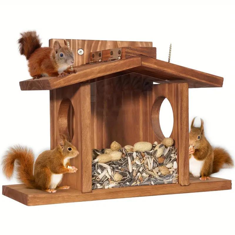 Wooden Squirrel Feeder Set, Winter Outdoor Squirrel Feeder, Corn and Peanut Wooden Nuts Feeder, Durable Box Easy to Fill, Removable Front Panel