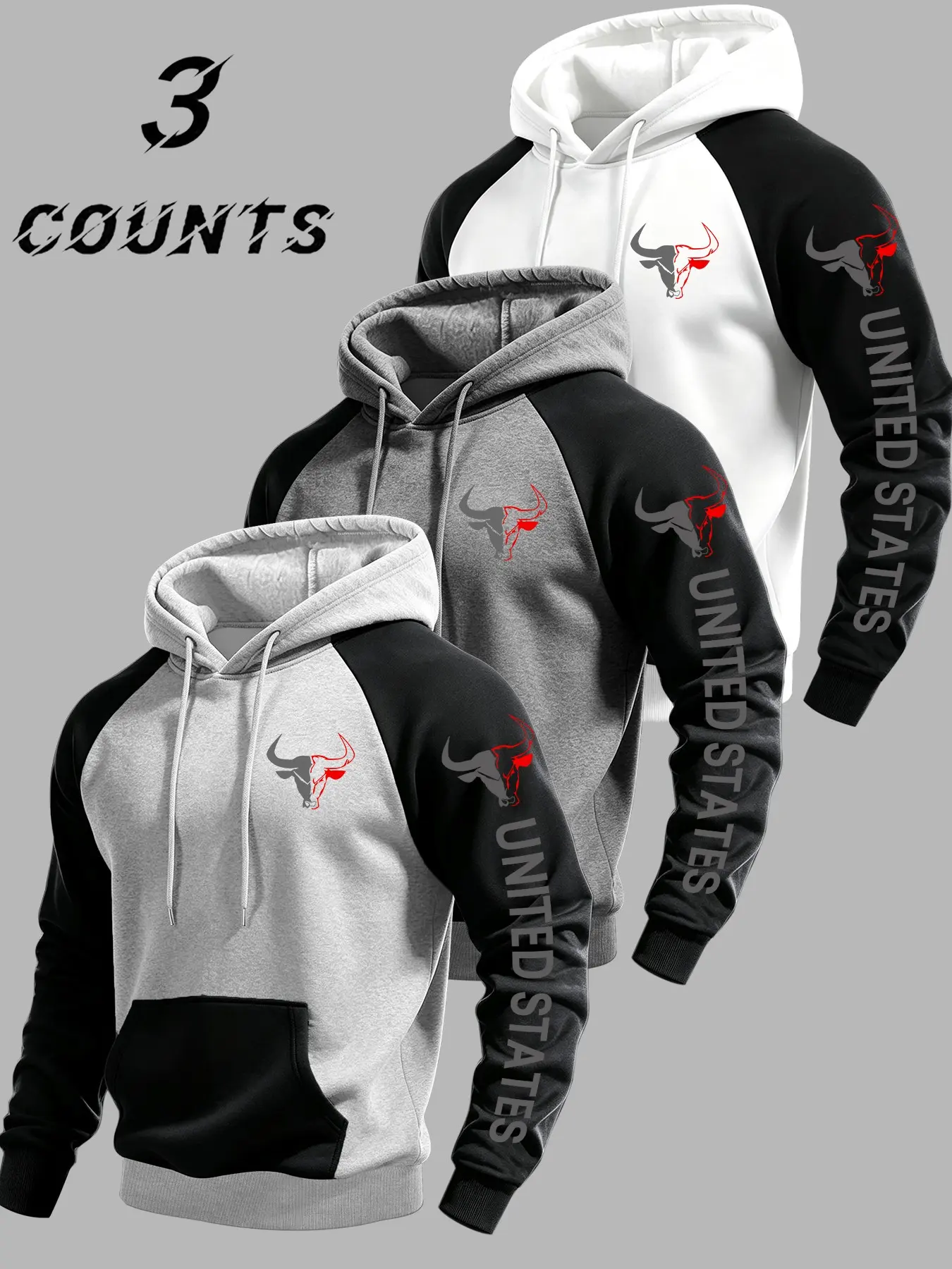 3 Pack Men Raglan Sleeve Drawstring Pullover Hoodies Patchwork Kangaroo Pocket Bull Head United States Vertical Side Letter Chest Sleeve Dual Graphic Print Loose Fit Western American Casual Streetwear Sweatshirts For Daily Outdoor Leisure Outfit