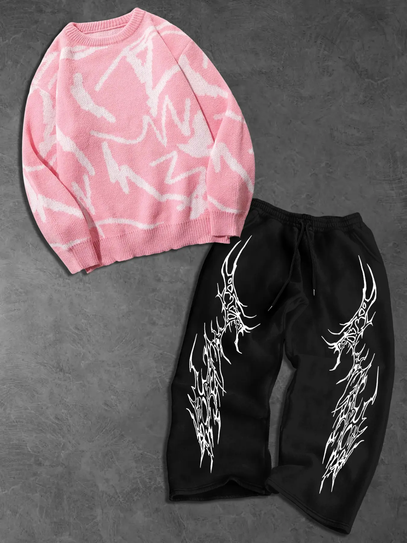 Men's Dark Cool Set Graffiti Knit Sweater + Thorn Pattern Sweatpants, Soft Knit, Skin-Friendly Fleece, Streetwear, Casual Commute