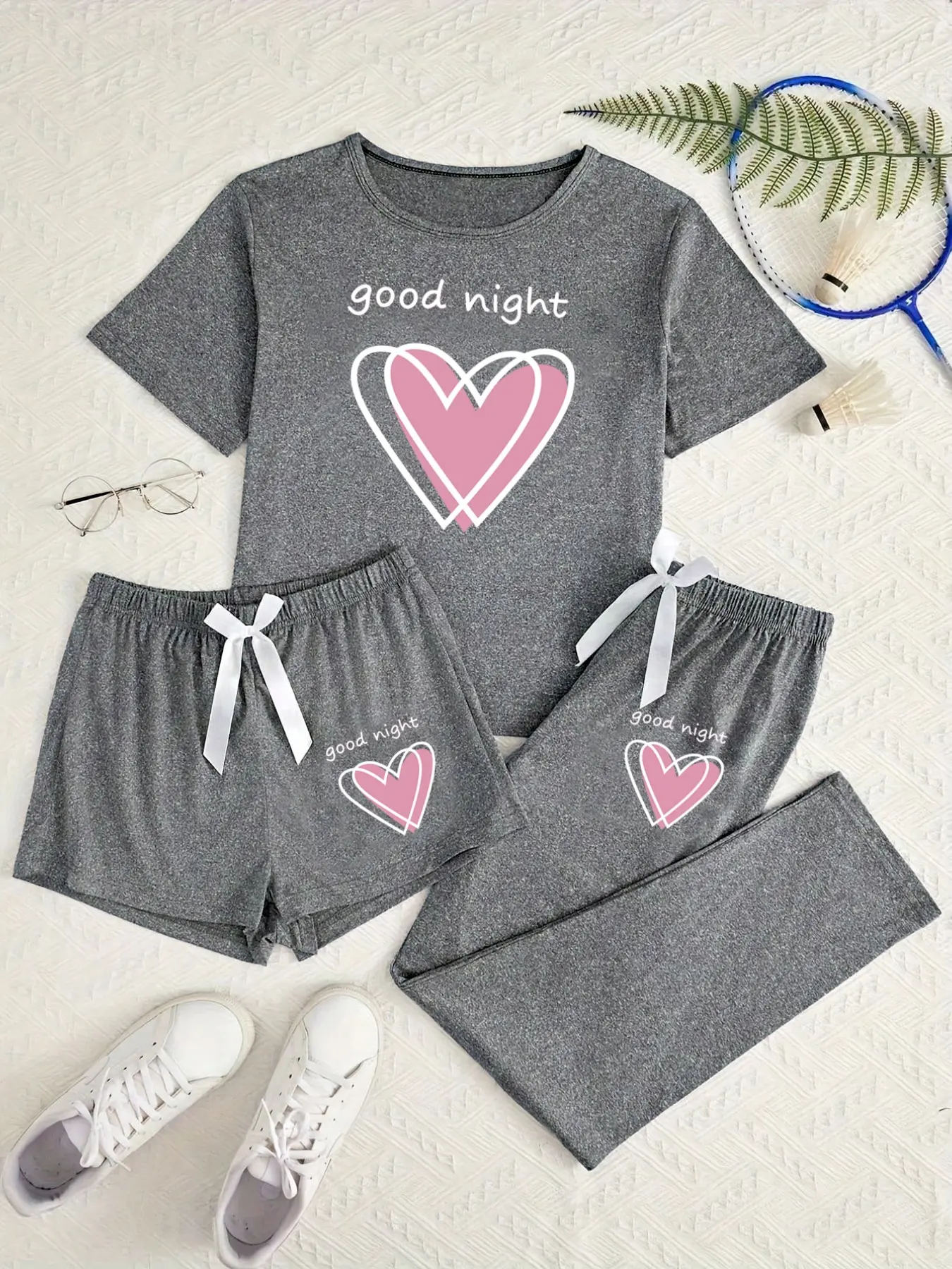 Women's Heart Print Pajama Set, Comfortable Loungewear Home Wear, Soft Knit Fabric, Value 3-Piece Sleepwear, Suitable for All Seasons