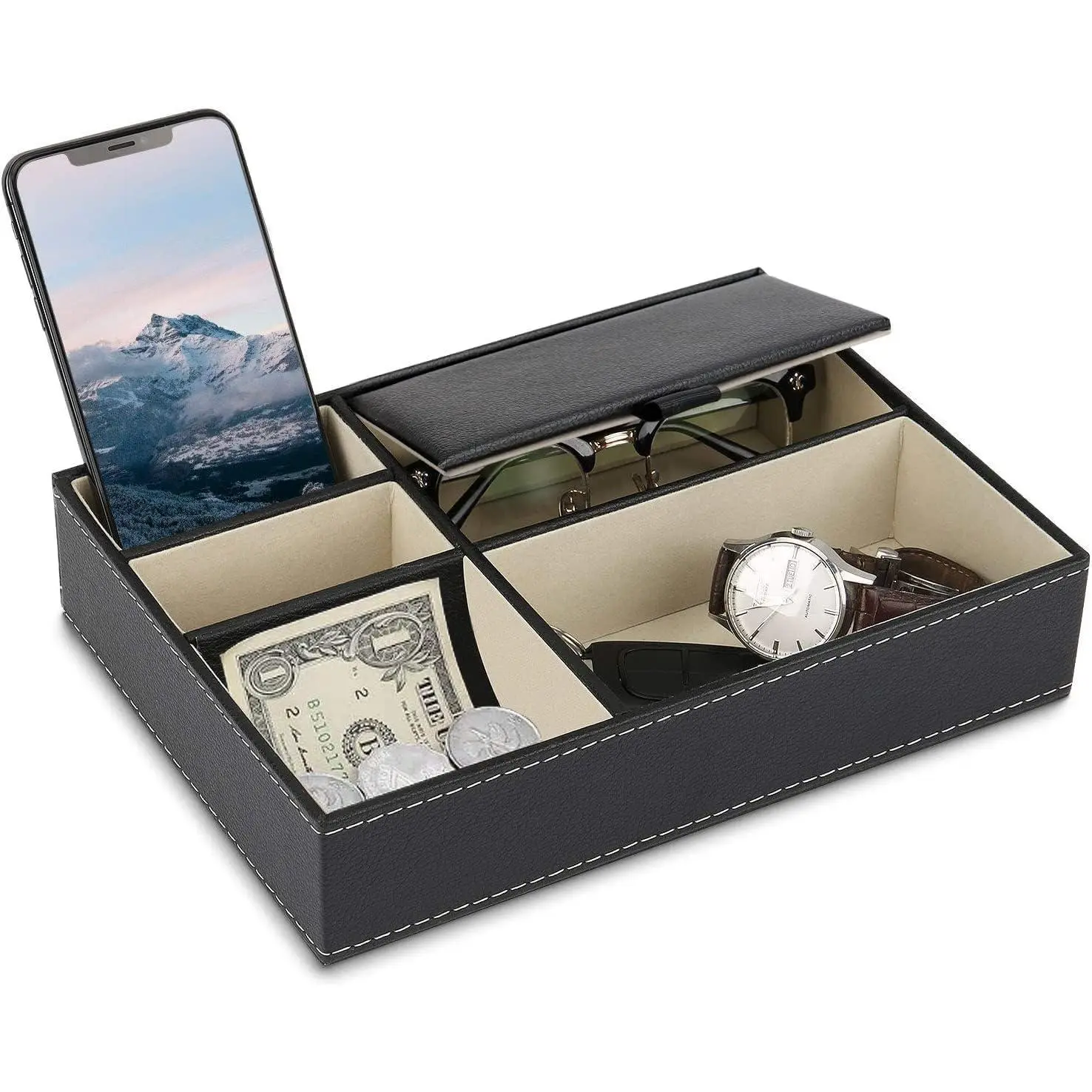 Mens Valet Tray Organizer, Mens Jewelry Box, Nightstand Organizer for Men with 5 compartments, Faux Leather Key Tray for Entryway Table, Bedside Storage for Watch, Coin, Phone Gifts for Men
