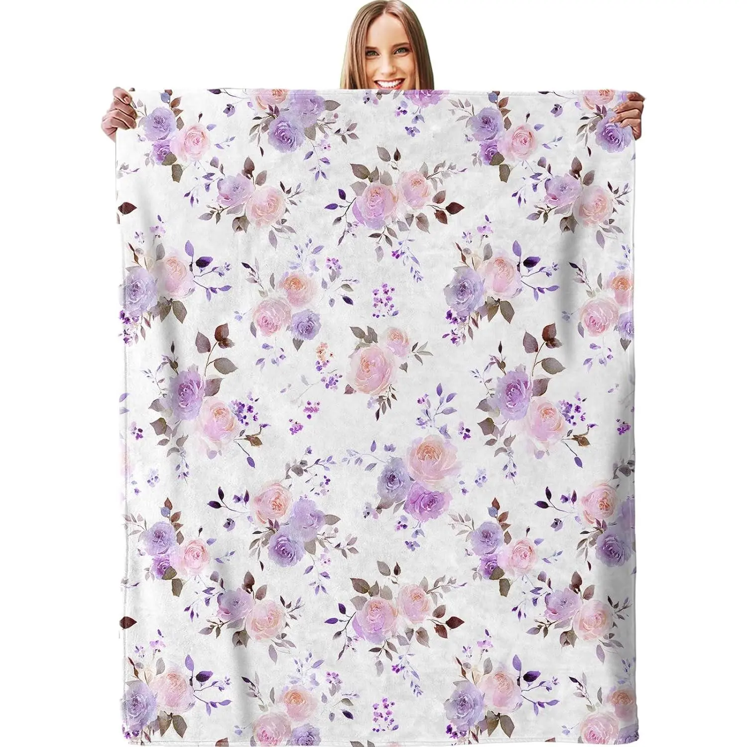 Pastel Lavender Watercolor Flowers Flannel Blanket - Lightweight, Soft, Plush Warm Pastel Shades Pearly Lavender Bohemian Look Throw for Couch, Camping, Women's Gifts, Pastel Shades Blankets