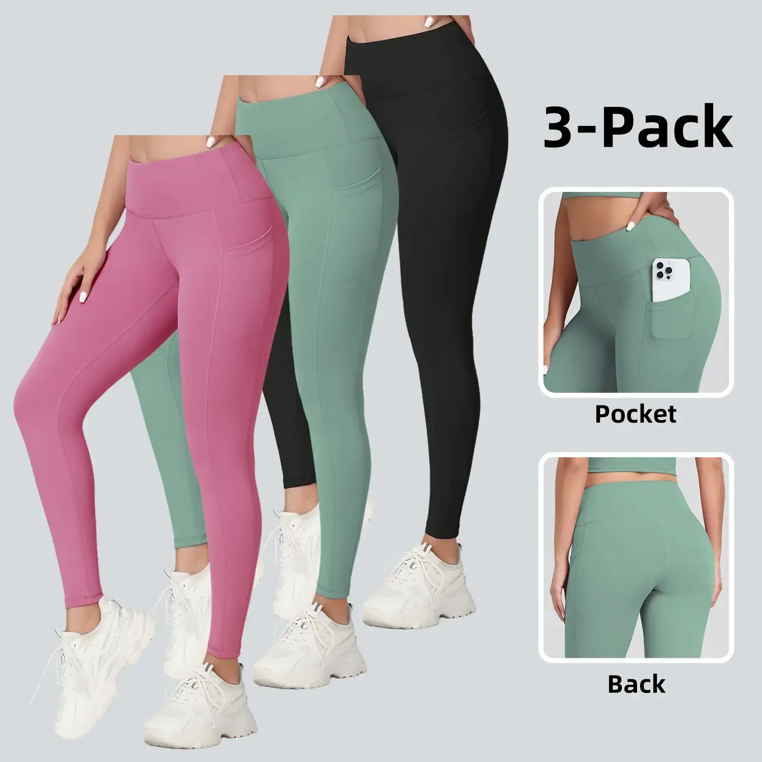 3 Packs High Waist Yoga Pants with Pockets Tummy Control for Women's Workout & Running Leggings Basic Minimalist Women'swear Stretchable Activewear Elegant Gym Outfits