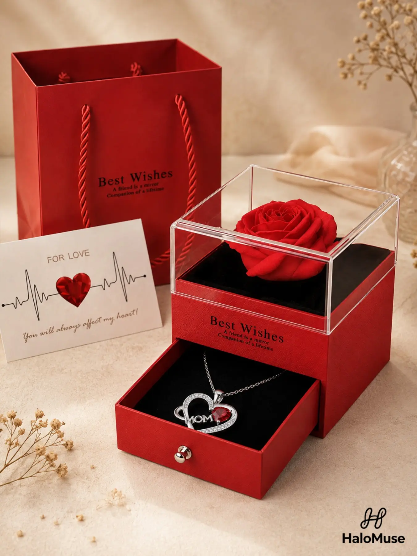 Halo Muse 1 Mom Heart Necklace Gift Set, Sparkling Heart Stone Pendant in 4 Colors with Red Rose Box and Greeting Card, Mother’s Day, Birthday and Christmas Gift for Mom