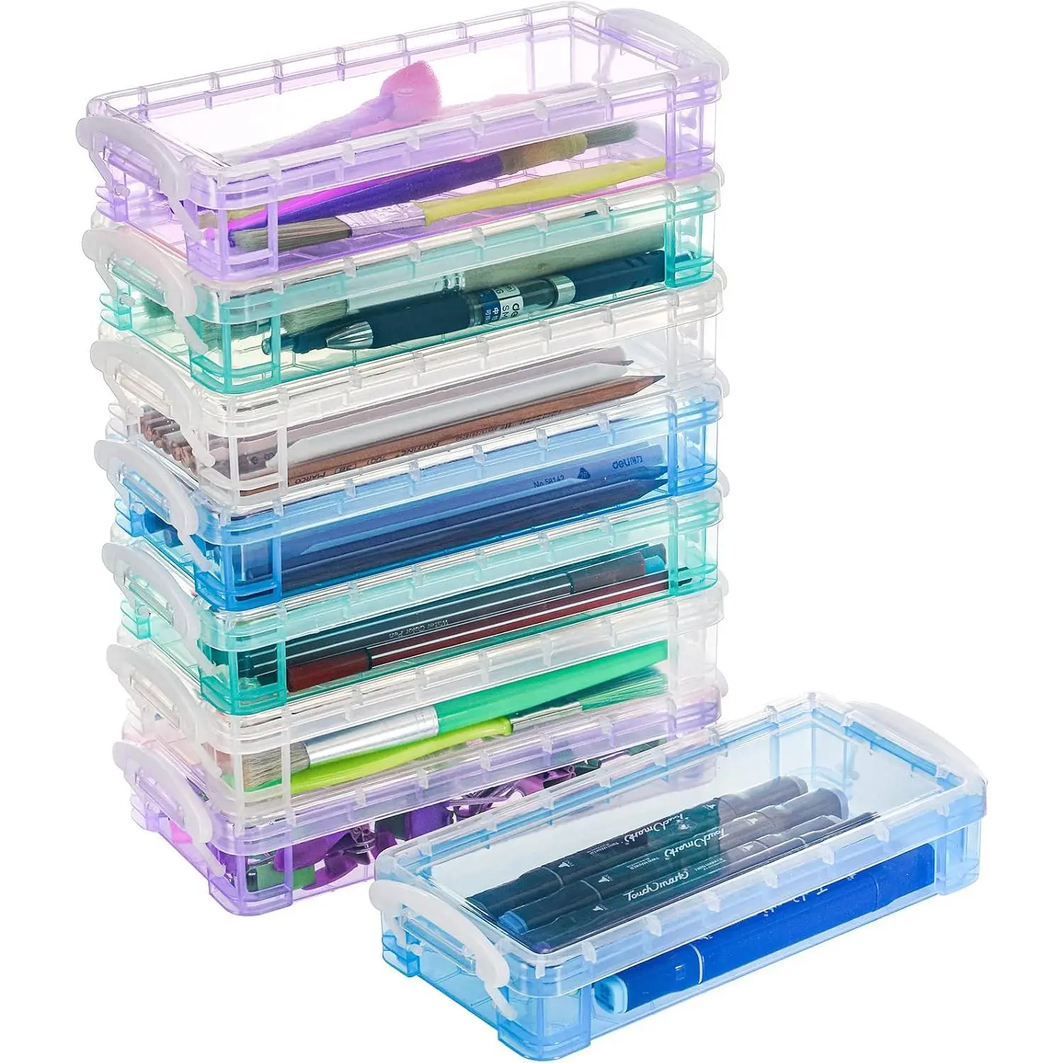 8 Pack Plastic Pencil Boxs, Large Capacity Pencil Case Boxes,  Pencil Case, Crayon Box with Snap-tight Lid, Art Craft  Organizer Office  Storage Box for School Classroom